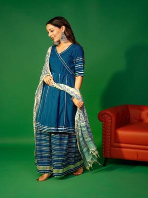 Prussian blue angarakha kurta plazzo with floral dupatta set 3