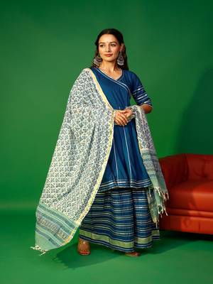 Prussian blue angarakha kurta plazzo with floral dupatta set 4