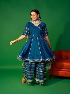 Prussian blue angarakha kurta plazzo with floral dupatta set 5