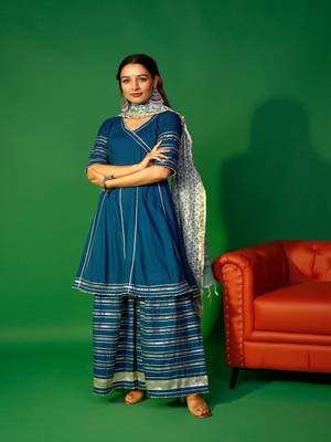 Prussian blue angarakha kurta plazzo with floral dupatta set 6