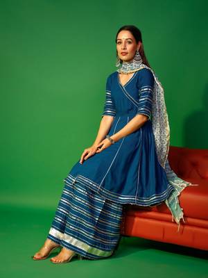 Prussian blue angarakha kurta plazzo with floral dupatta set 7