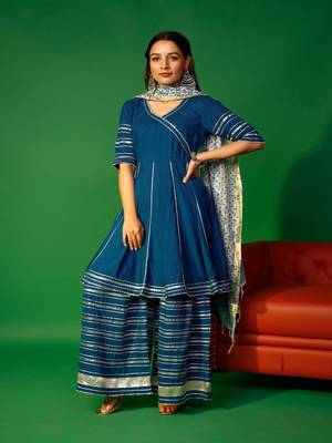Prussian blue angarakha kurta plazzo with floral dupatta set 8