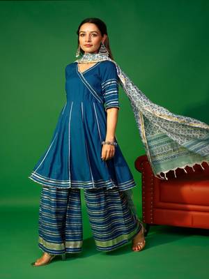 Prussian blue angarakha kurta plazzo with floral dupatta set 9