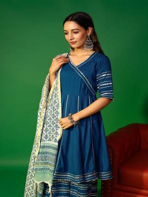 Prussian blue angarakha kurta plazzo with floral dupatta set 10