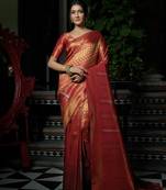 Red woven kanchipuram silk blend saree with blouse