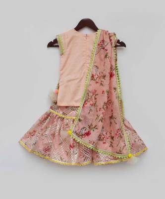 Peach Printed Sharara Set For Girls 4