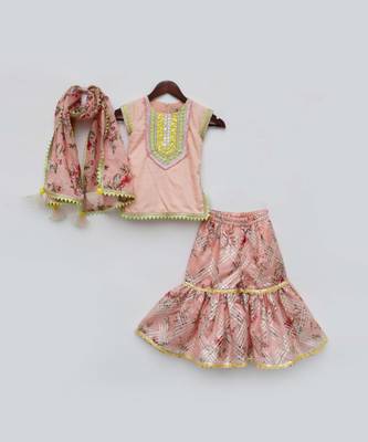 Peach Printed Sharara Set For Girls 5