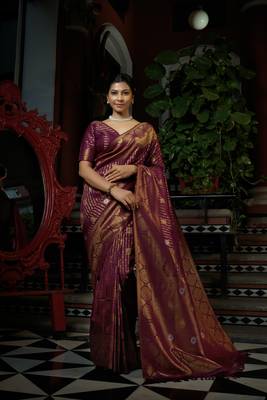 Wine woven kanchipuram silk blend saree with blouse 1