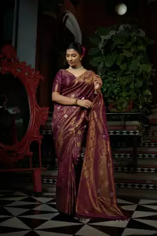 Wine woven kanchipuram silk blend saree with blouse