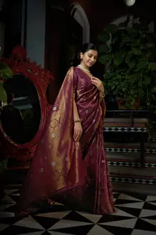 Wine woven kanchipuram silk blend saree with blouse