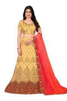 Beige embroidered Art Silk semi stitched lehenga
