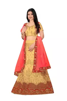 Beige embroidered Art Silk semi stitched lehenga
