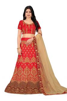 Light-red embroidered Art Silk semi stitched lehenga