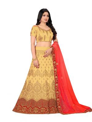 Beige embroidered Art Silk semi stitched lehenga 4