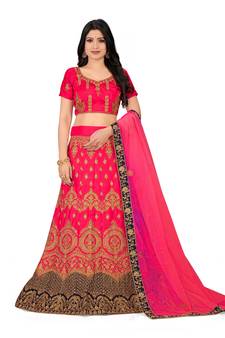 Pink embroidered Art Silk semi stitched lehenga