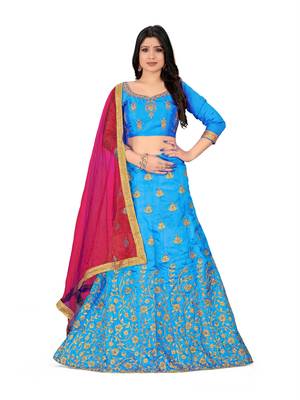Sky-blue embroidered Art Silk semi stitched lehenga 1