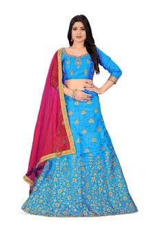 Sky-blue embroidered Art Silk semi stitched lehenga