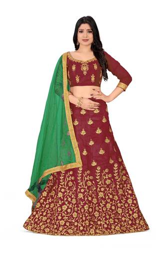 Maroon embroidered Art Silk semi stitched lehenga