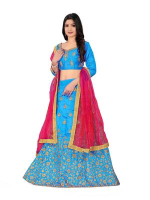 Sky-blue embroidered Art Silk semi stitched lehenga 2