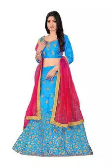 Sky-blue embroidered Art Silk semi stitched lehenga