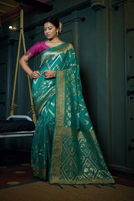 Teal woven banarasi saree with blouse 1