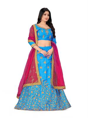 Sky-blue embroidered Art Silk semi stitched lehenga 4