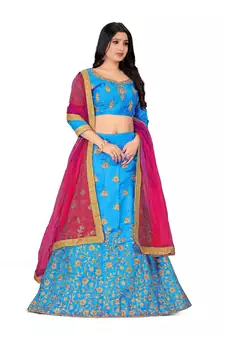 Sky-blue embroidered Art Silk semi stitched lehenga