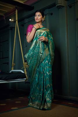Teal woven banarasi saree with blouse 4