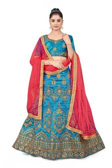 Sky-blue embroidered Art Silk semi stitched lehenga