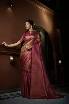Pink woven kanchipuram silk blend saree with blouse
