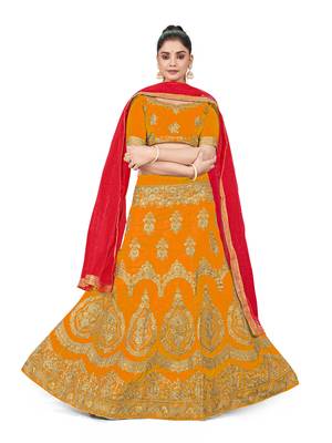 Mustard embroidered Art Silk semi stitched lehenga 1