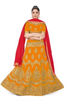 Mustard embroidered Art Silk semi stitched lehenga