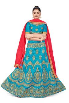 Sky-blue embroidered Art Silk semi stitched lehenga