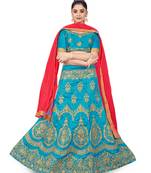 Sky-blue embroidered Art Silk semi stitched lehenga