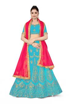 Sky-blue embroidered Art Silk semi stitched lehenga