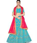 Sky-blue embroidered Art Silk semi stitched lehenga