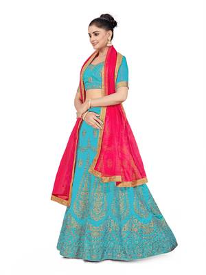 Sky-blue embroidered Art Silk semi stitched lehenga 2