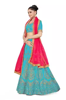 Sky-blue embroidered Art Silk semi stitched lehenga