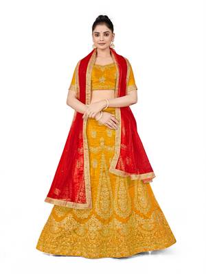Mustard embroidered Art Silk semi stitched lehenga 1