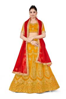 Mustard embroidered Art Silk semi stitched lehenga