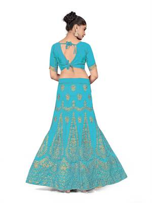 Sky-blue embroidered Art Silk semi stitched lehenga 3