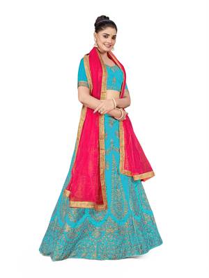Sky-blue embroidered Art Silk semi stitched lehenga 4