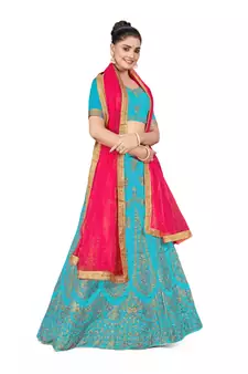 Sky-blue embroidered Art Silk semi stitched lehenga