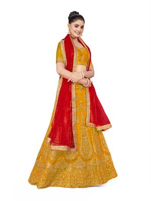 Mustard embroidered Art Silk semi stitched lehenga 4