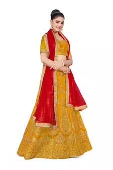 Mustard embroidered Art Silk semi stitched lehenga