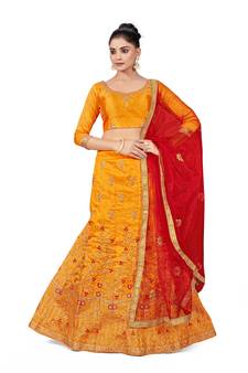 Yellow embroidered Art Silk semi stitched lehenga
