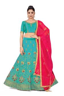 Sky-blue embroidered Art Silk semi stitched lehenga