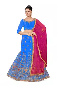 Sky-blue embroidered Art Silk semi stitched lehenga