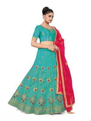 Sky-blue embroidered Art Silk semi stitched lehenga 4