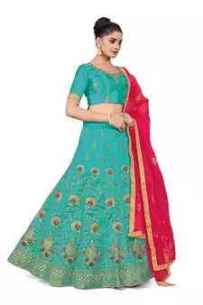 Sky-blue embroidered Art Silk semi stitched lehenga